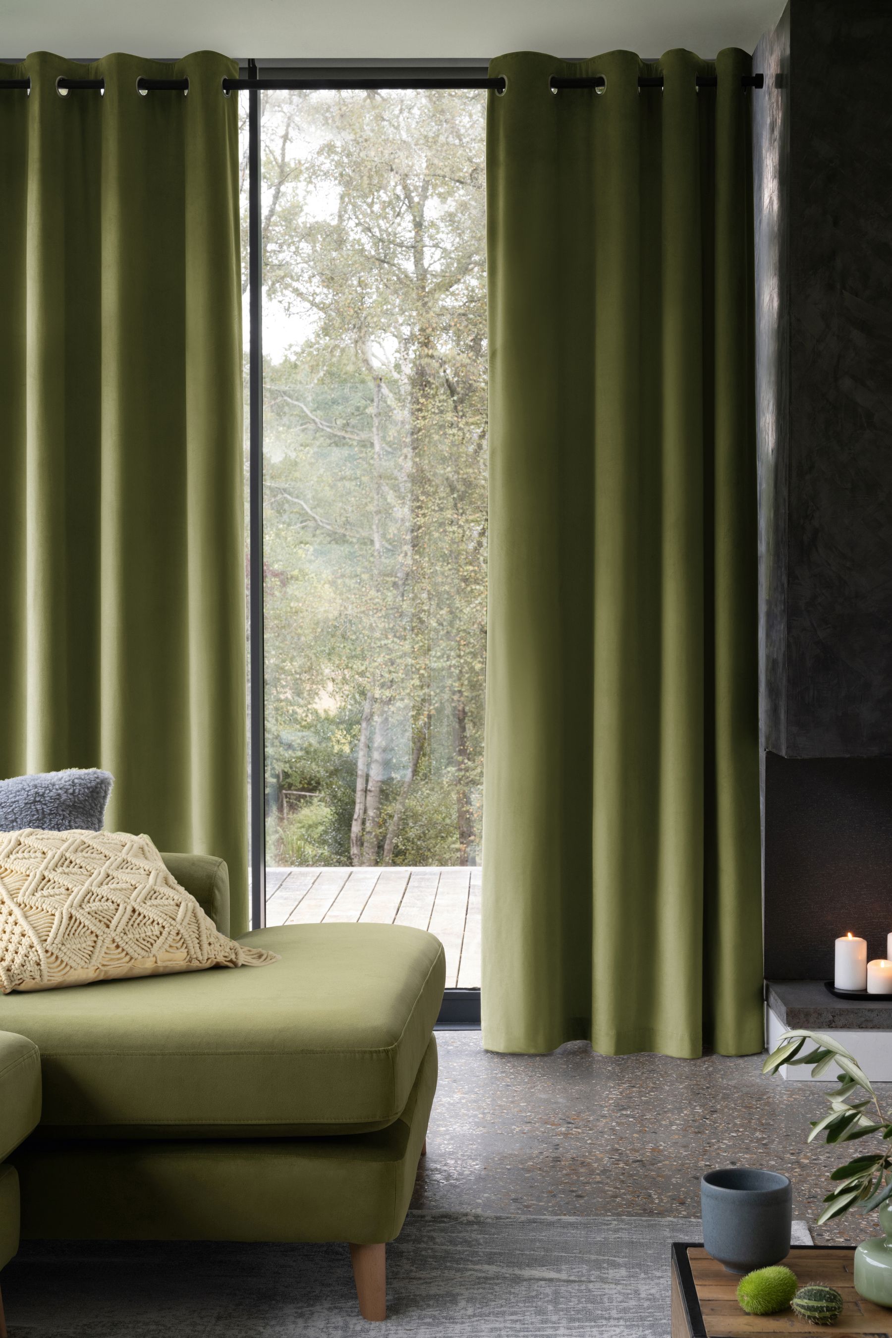 Buy Olive Green Matte Velvet Blackout Thermal Eyelet Curtains from