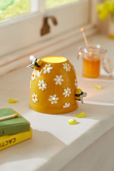 Yellow Ceramic Bee And Daisy Hive Tealight Candle Holder