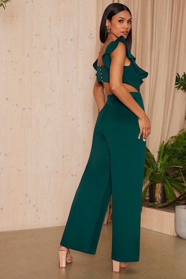 Chi Chi London Green Ruffle Sleeve Cut Out Detail Jumpsuit