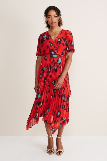 Phase Eight Red Kendall Print Pleat Dress