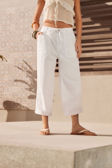 White Cargo Utility Cropped Lightweight Trousers