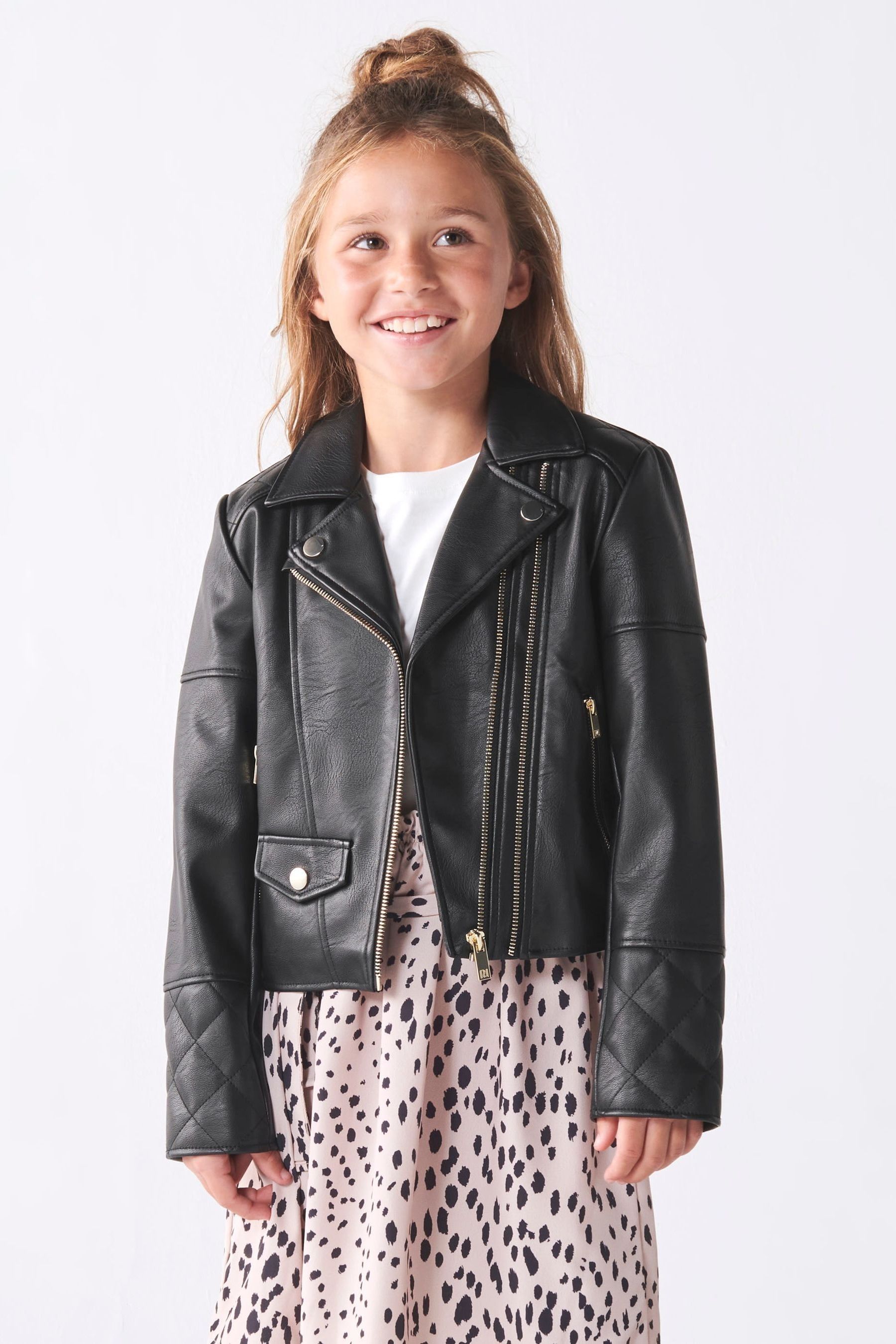 River Island Dark Black Girls Double Zip Biker Jacket