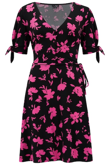 Pour Moi Black & Pink Floral Bella Fuller Bust Slinky Stretch Tie Sleeve Mini Dress