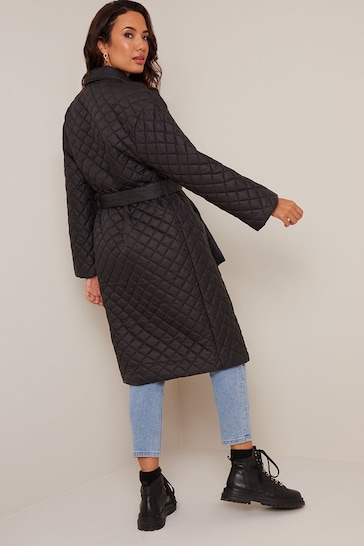 Chi Chi London Black Diamond Quilted Longline Belted Coat