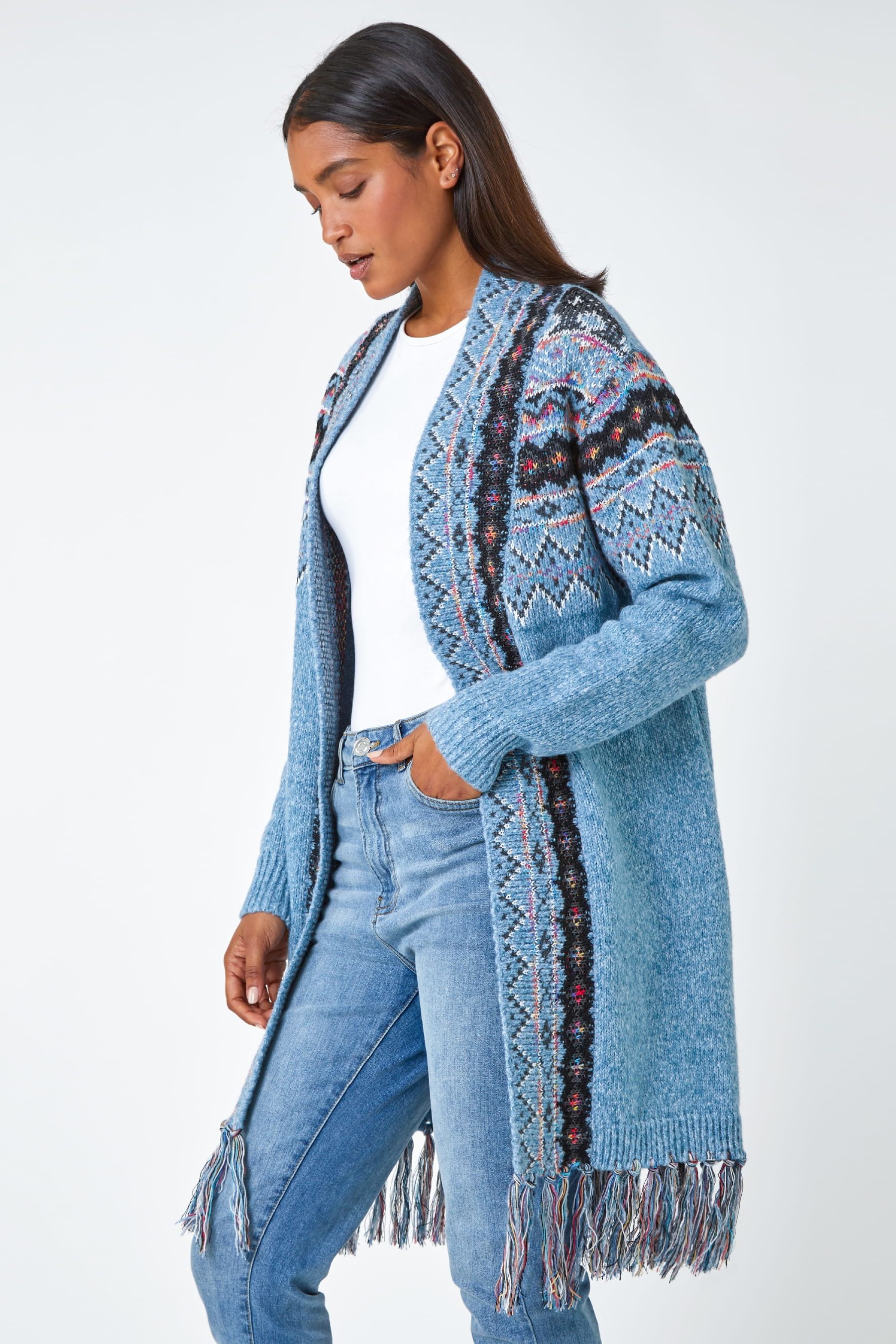 Roman Blue Fringed Hem Longline Cardigan