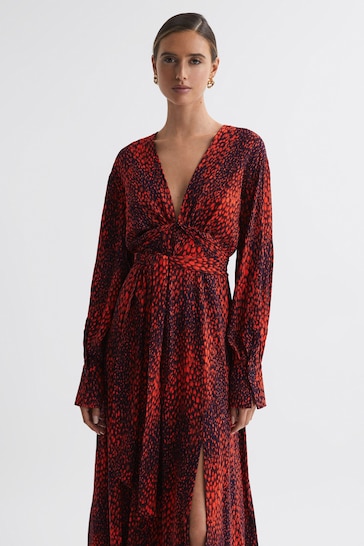 Buy Reiss Red Maya Petite Animal Print Blouson Sleeve Midi Dress from ...