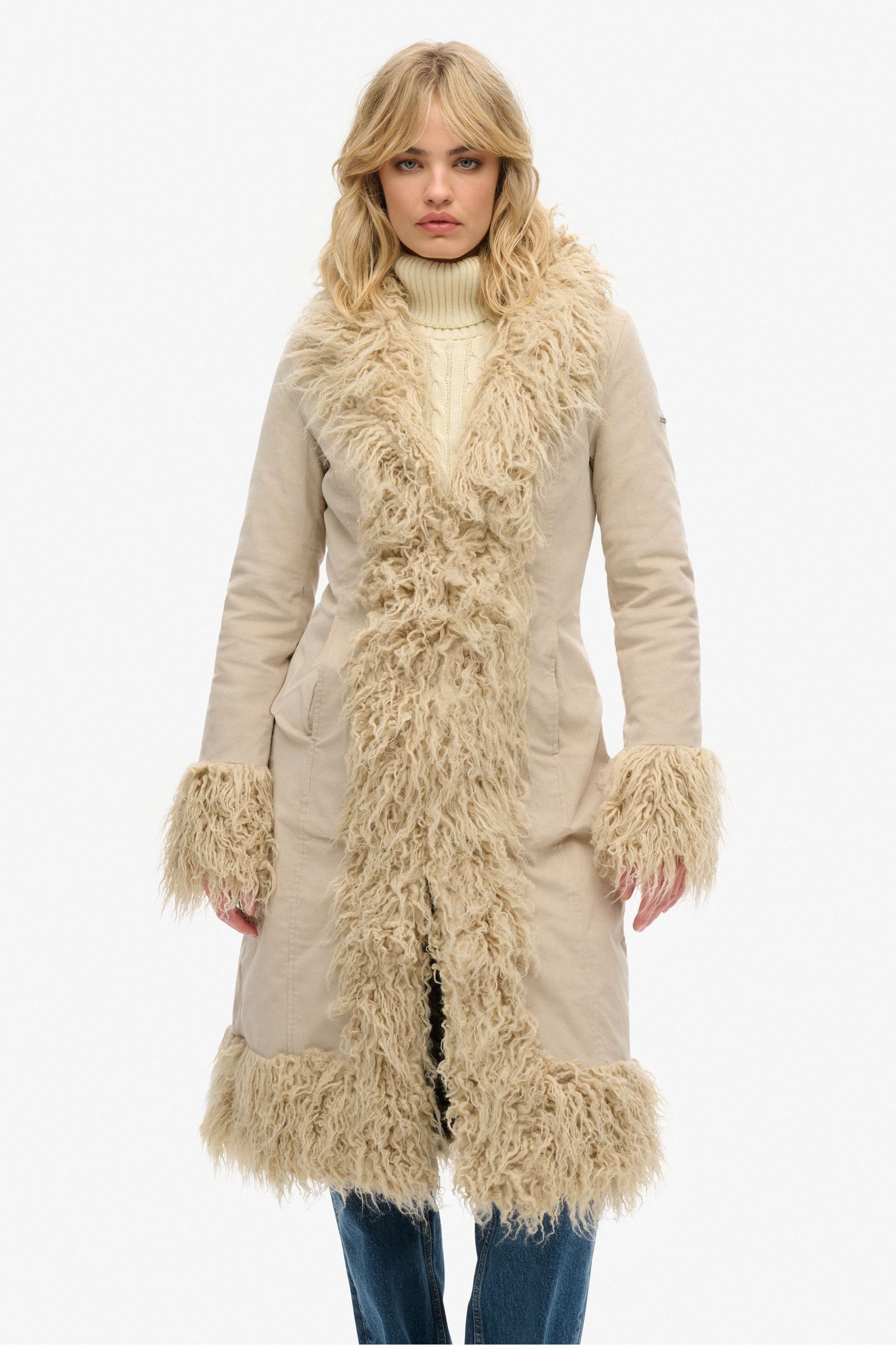 Nude faux fur hot sale fit and flare coat
