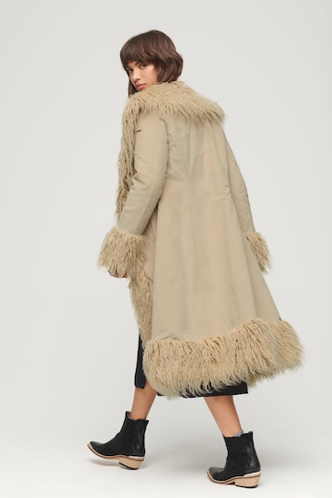 Superdry Cream Faux Fur Lined Longline Afghan Coat