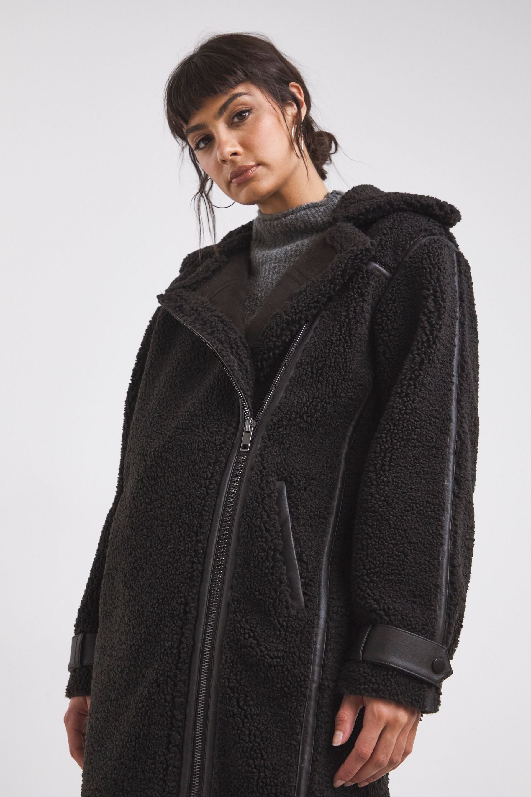 Black longline teddy coat top