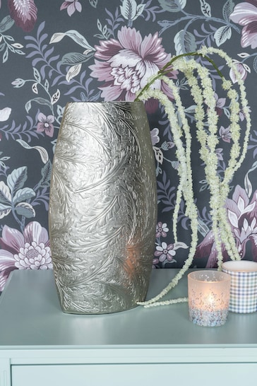 Laura Ashley Pewter Grey Winspear Leaf Embossed Decorative Vase