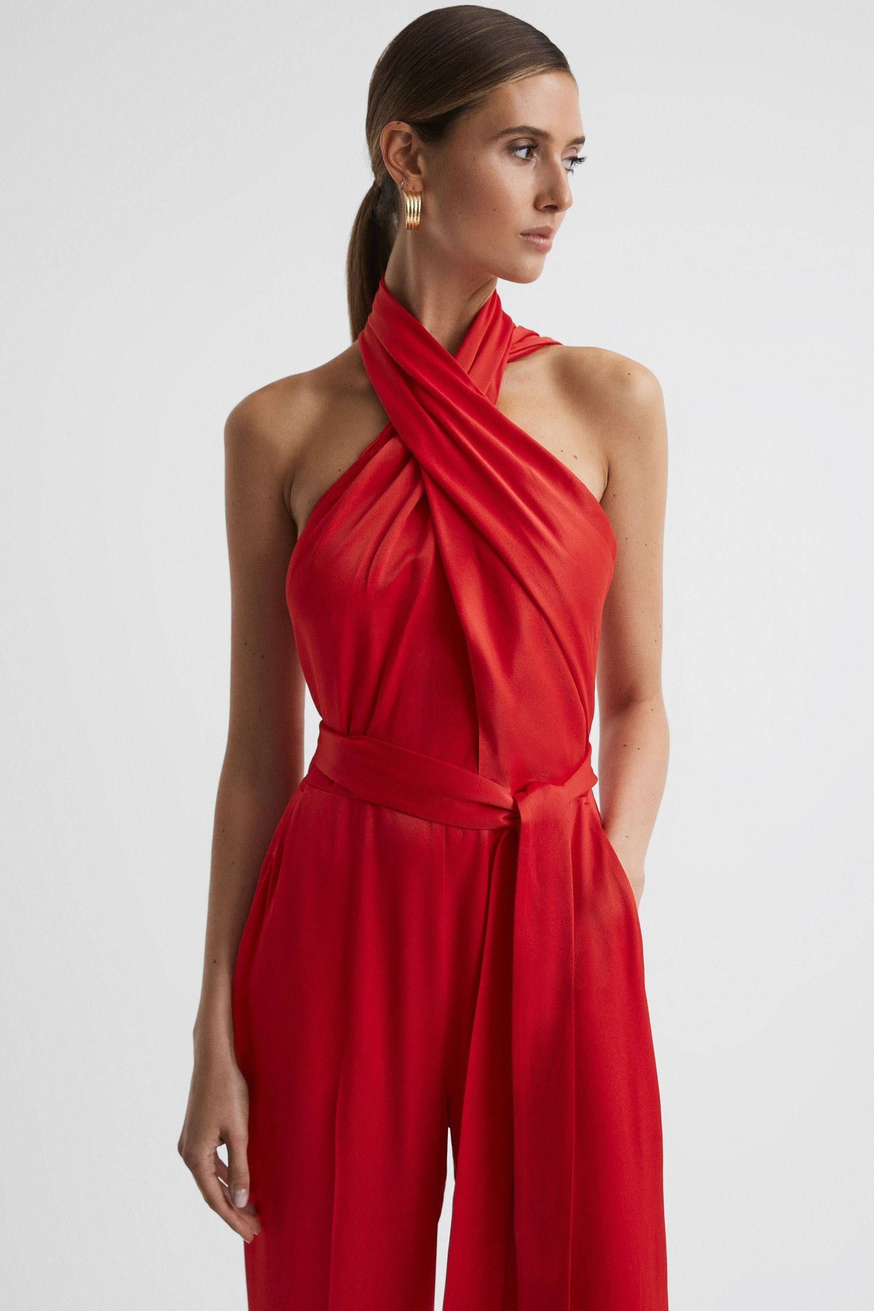 Reiss Red Jules Satin Halter Neck Fitted Jumpsuit