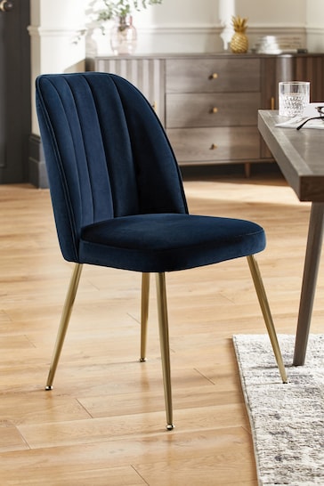 Set of 2 Soft Velvet Navy Blue Brushed Gold Leg Stella Non Arm Dining Chairs