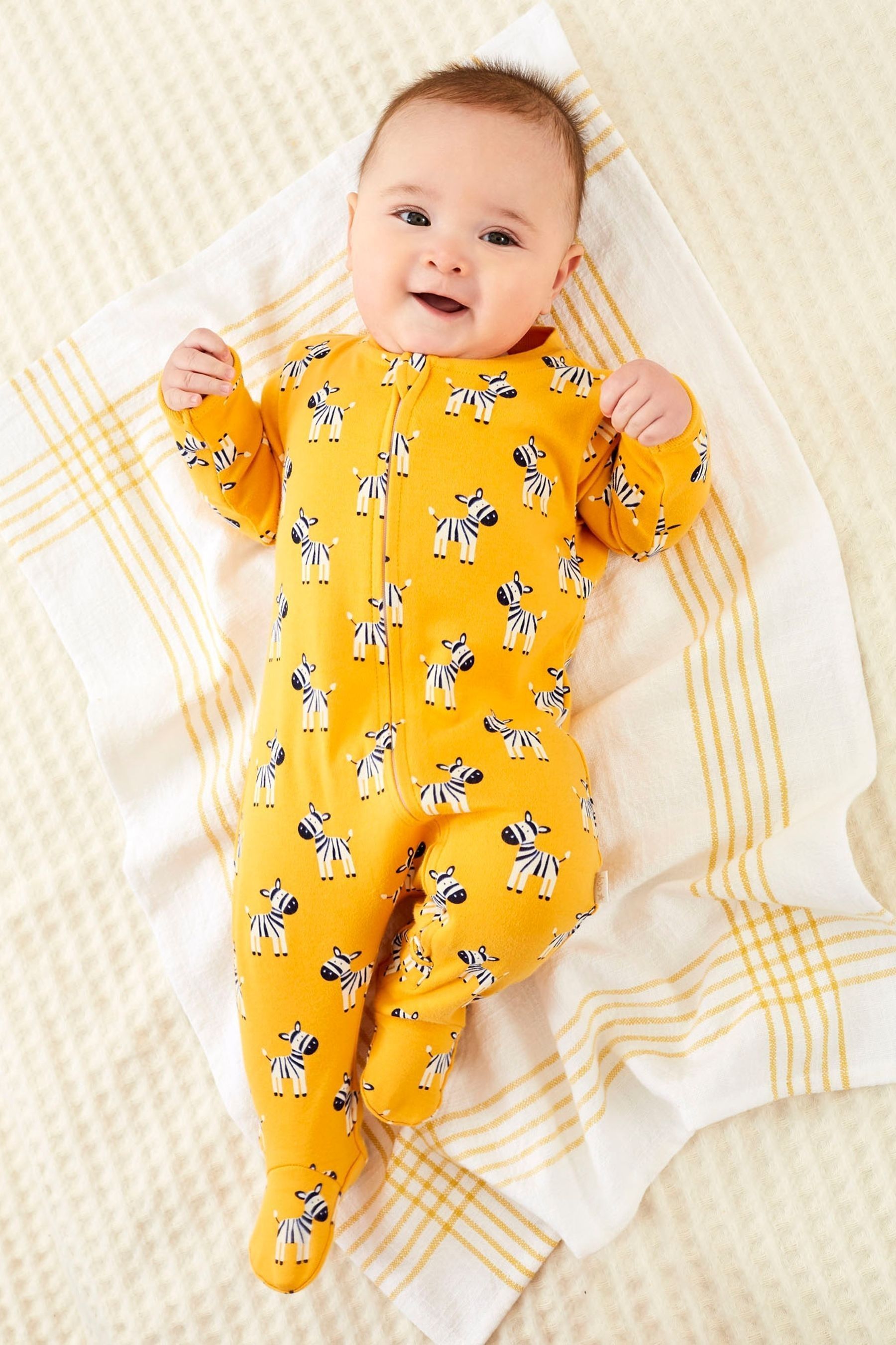 JoJo Maman Bebe Yellow Zebra Print Zip Cotton Baby Sleepsuit