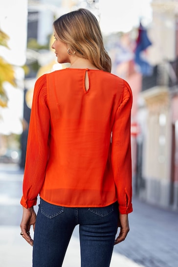 Sosandar Orange Pleat Sleeve Tunic Top