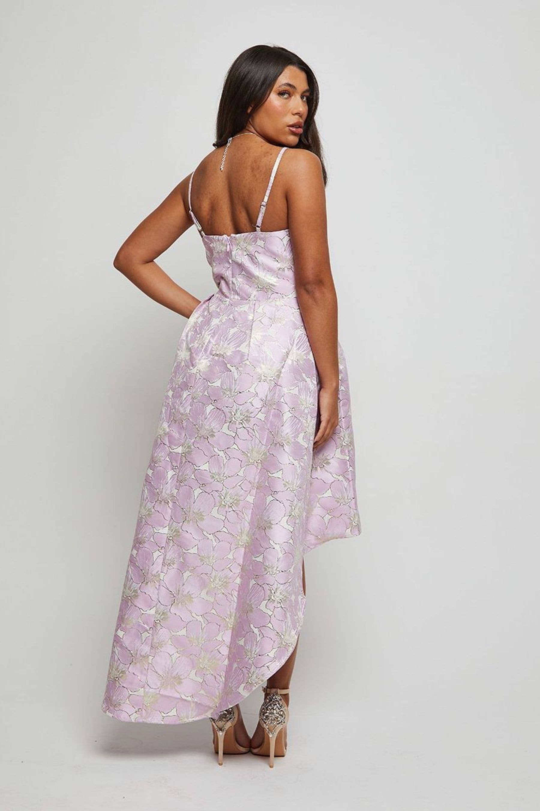 Chi Chi London Purple Cami Floral Jacquard Dip Hem Dress