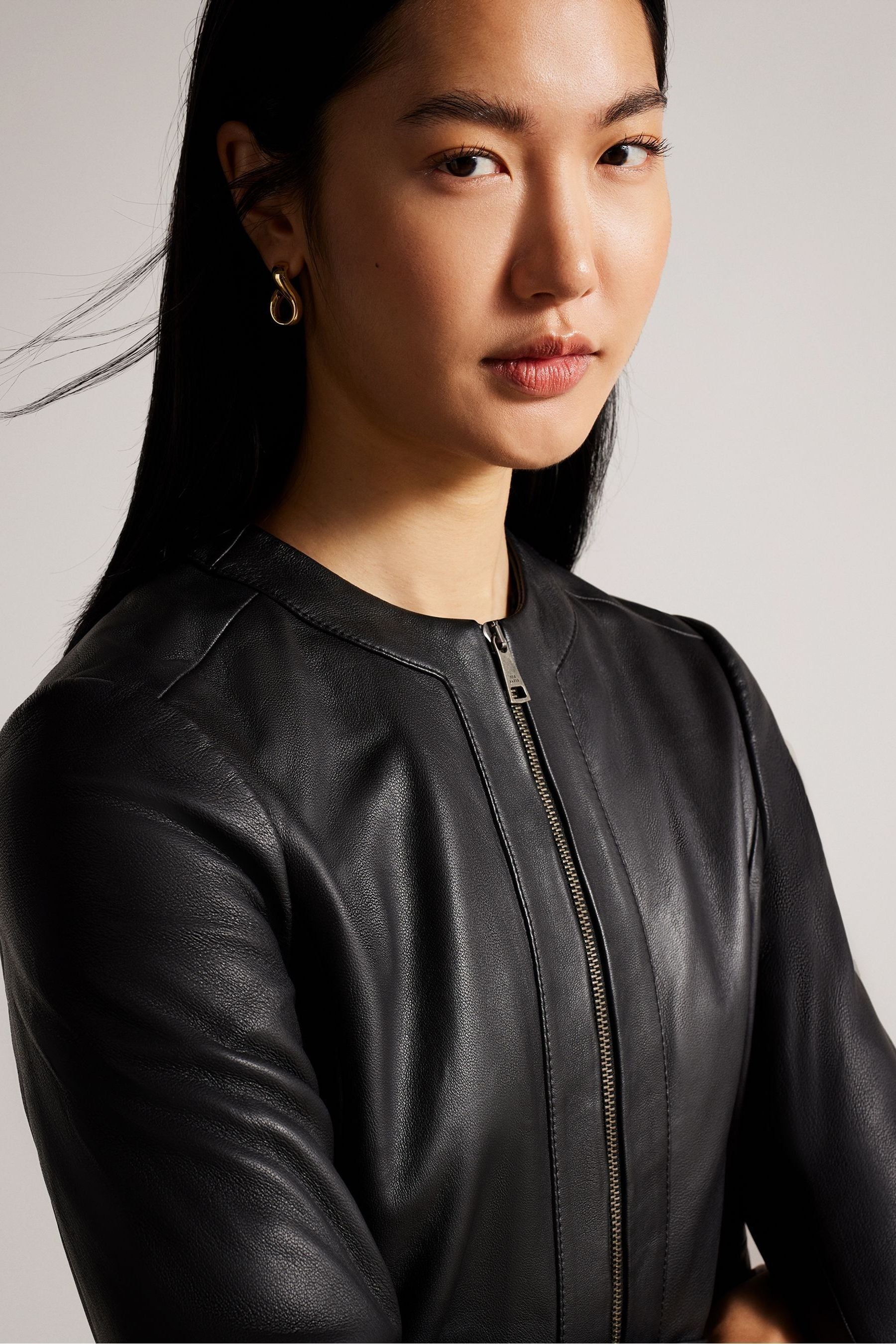 Buy Ted Baker Clarya Black Fitted Panelled Leather Jacket from the