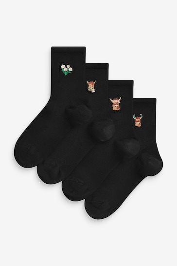 Hamish The Highland Cow Embroidered Motif Ankle Socks 4 Pack