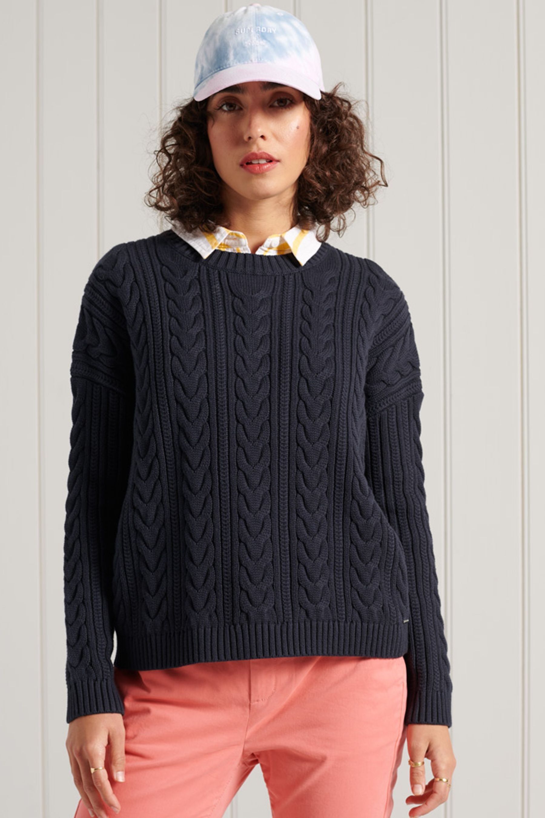 Buy Superdry Blue Dropped Shoulder Cable Knit Crew Neck Jumper