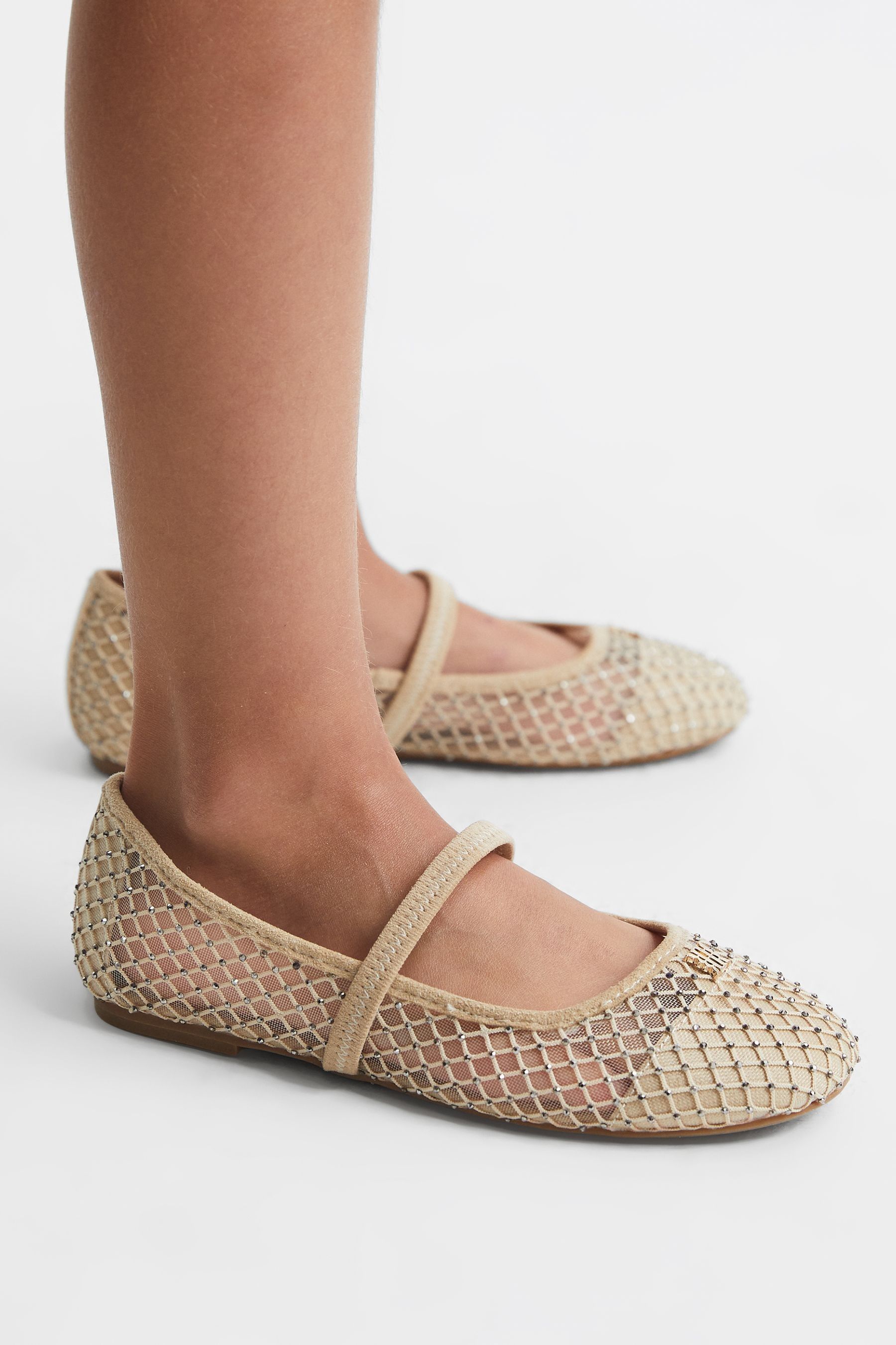 Reiss Nude Amelia Crystal Detail Mesh Ballet Flats