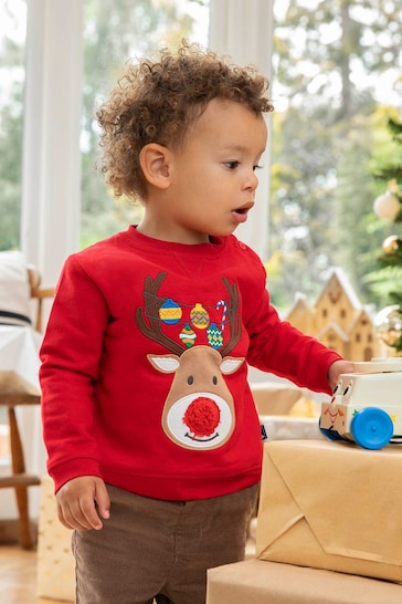 JoJo Maman Bébé Red Reindeer Appliqué Sweatshirt