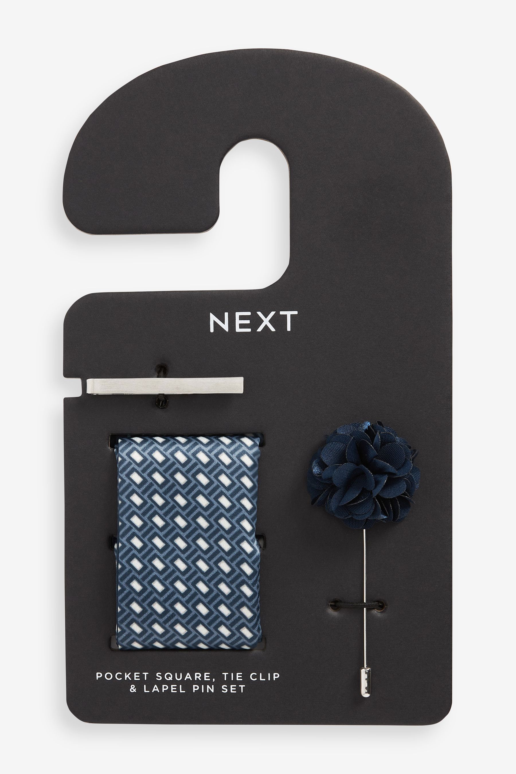 Blue Geo Pocket Square, Lapel Pin & Tie Bar Set