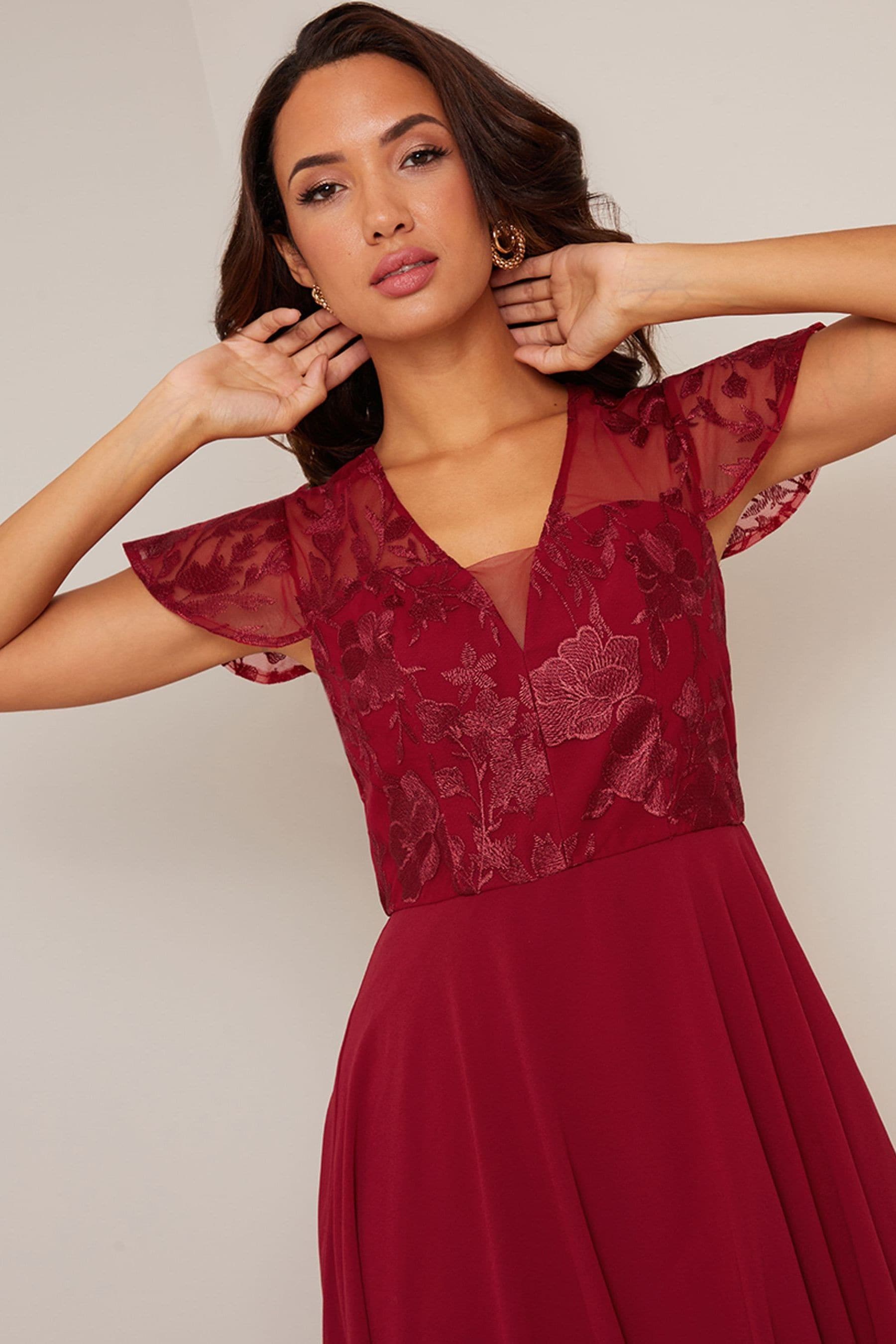 Buy Chi Chi London Red V Neck Embroidered Midi Dress from the Next