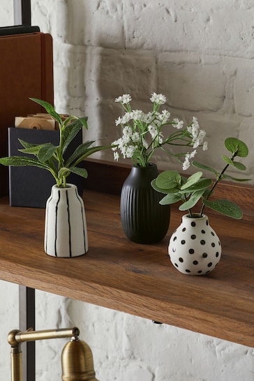Set of 3 Green Artificial Plants In Monochrome Ceramic Pots