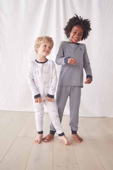 The White Company Dinosaur & Stripe Set Of Two White Pyjamas