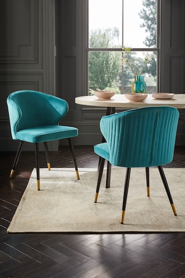 Set of 2 Soft Velvet Teal Blue Piano Arm Dining Chairs