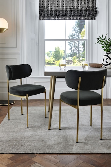 Set of 2 Soft Velvet Black Brushed Gold Leg Aleia Dining Chairs