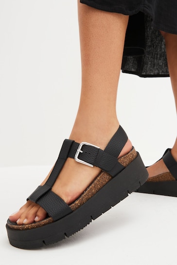 Black Forever Comfort® Leather T-Bar Flatform Sandals