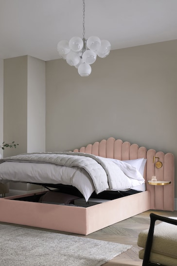 Soft Velvet Blush Pink Adele Upholstered Hotel Bed Frame with Ottoman Storage, Bedside Tables and Lights'