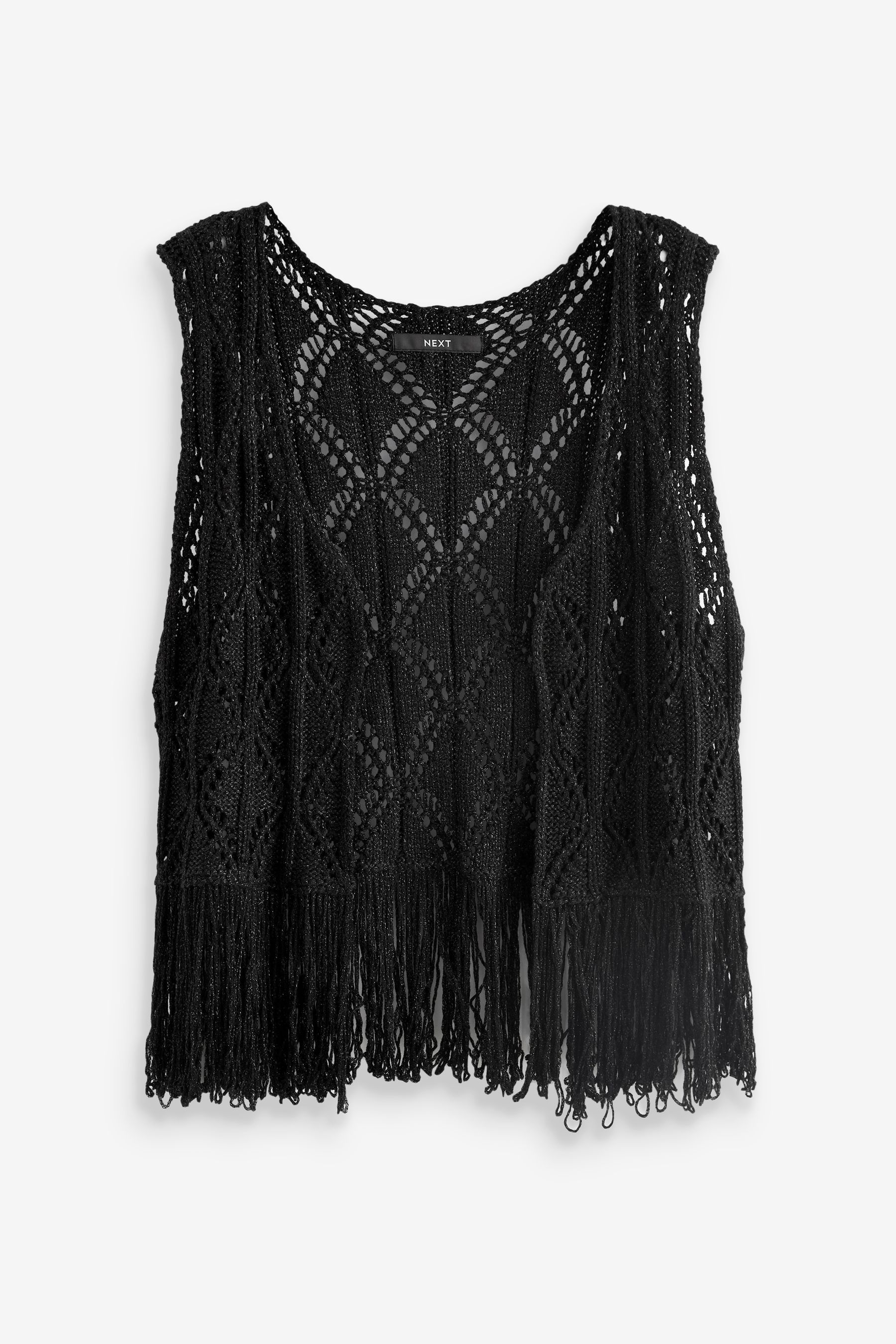 Black crochet vest with fringe hot sale