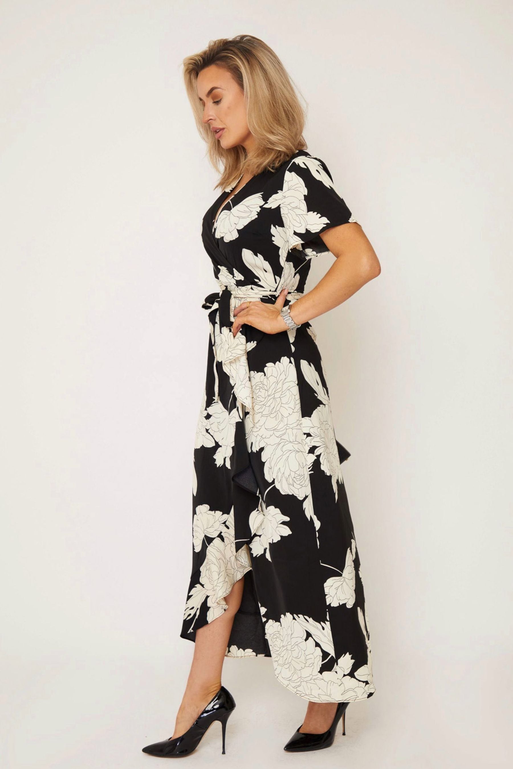 Buy Girl In Mind Black Monochrome Floral Petite Farren Wrap Maxi