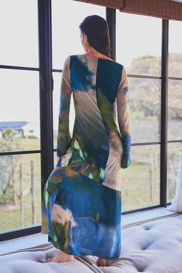 Blue Digital Abstract Print Long Sleeve Column Maxi Dress