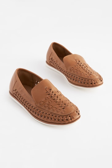 Tan Brown Woven Detail Contrast Sole Loafers
