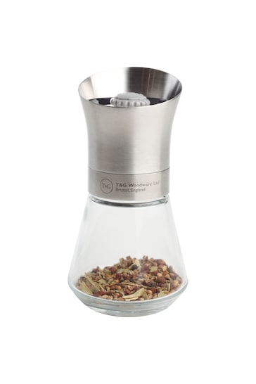 T&G Silver Spice Mill Stainless Steel Top & Glass Base