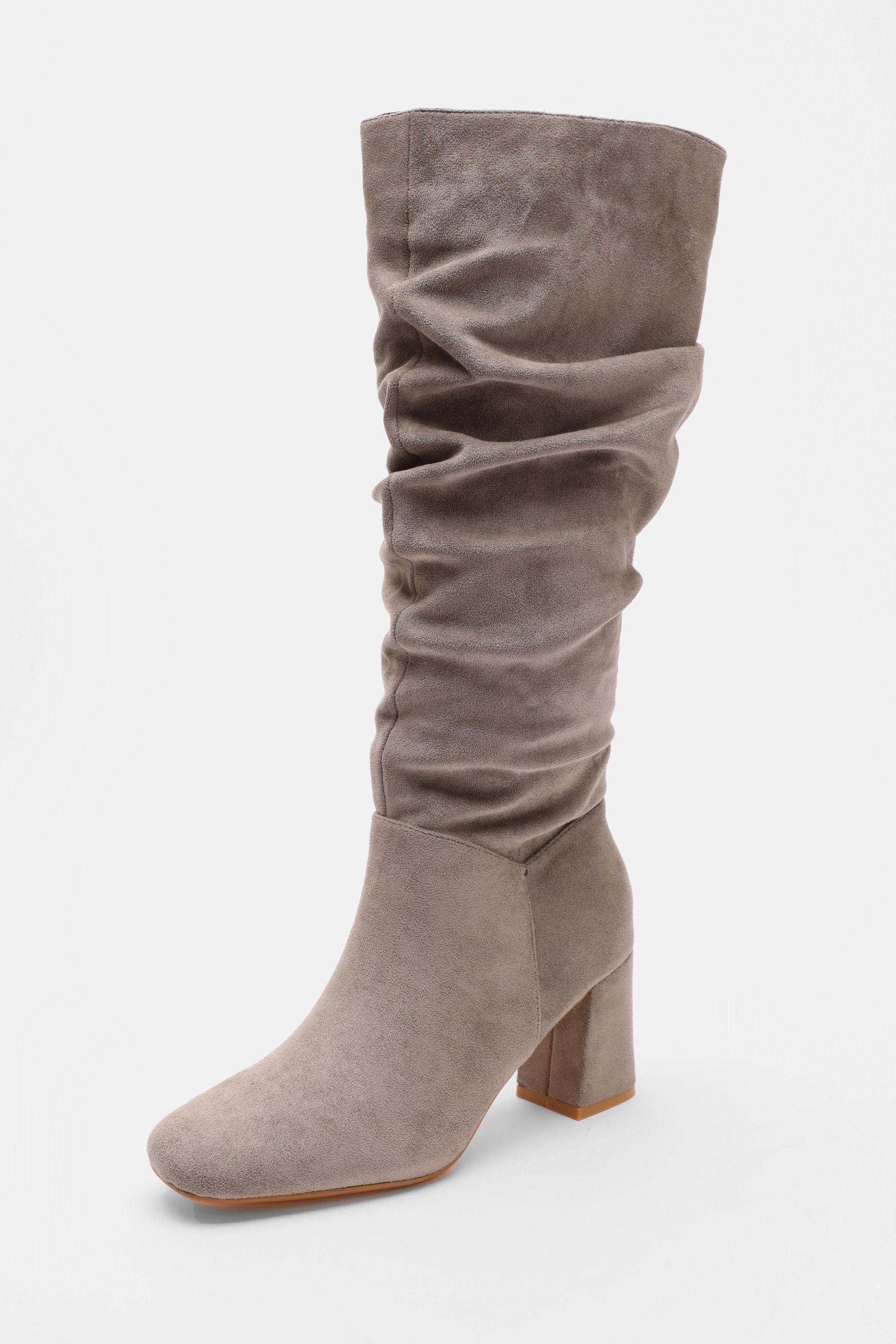 Quiz Grey Ruched Block Heel Knee High Boots