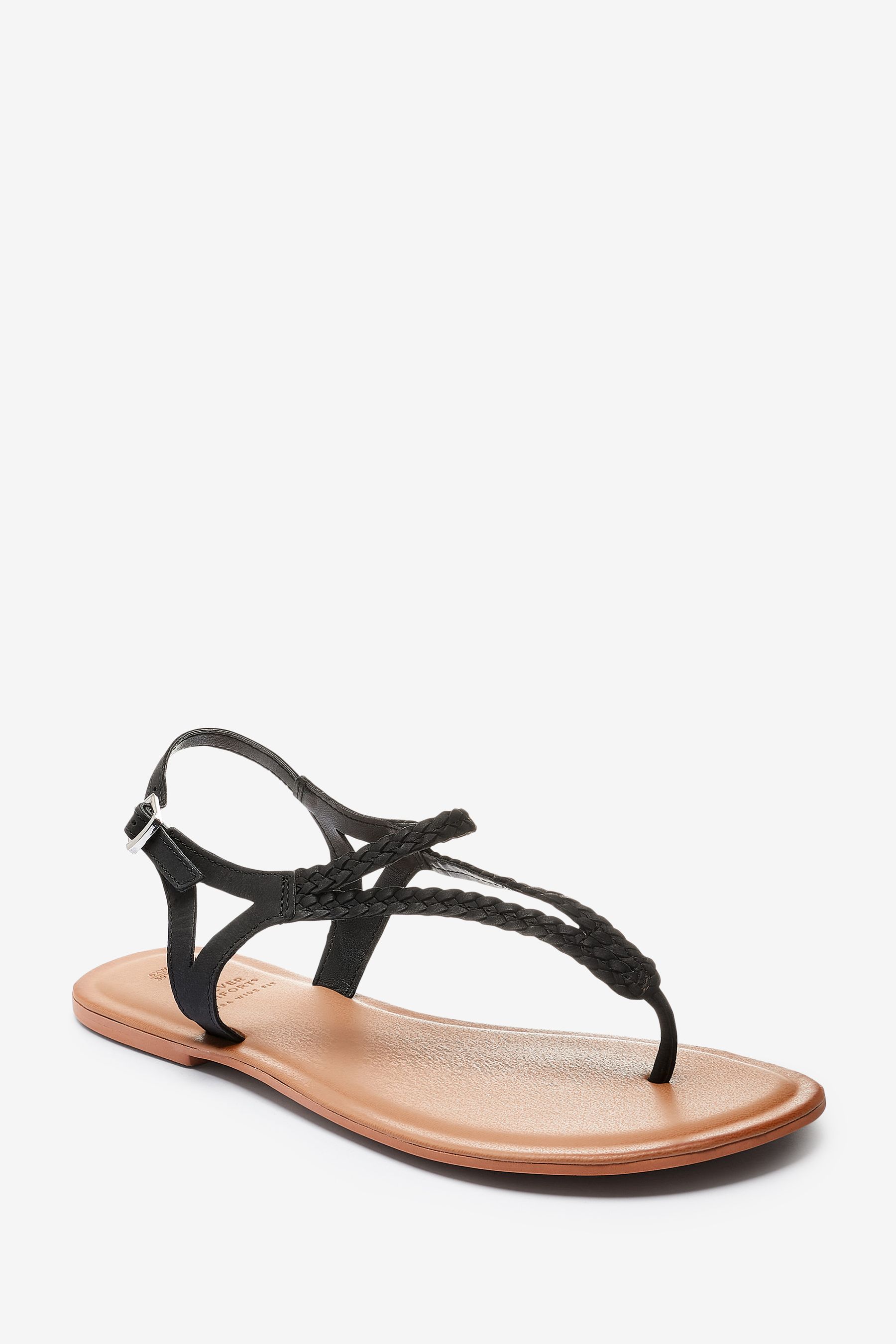 Black Extra Wide Fit Forever Comfort Leather Plait Toe Post Flat Sandals