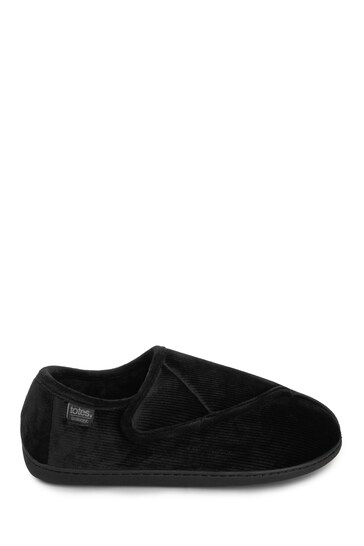 Totes Black Isotoner Mens Velour Closed Back Slipper With Velcro Opening