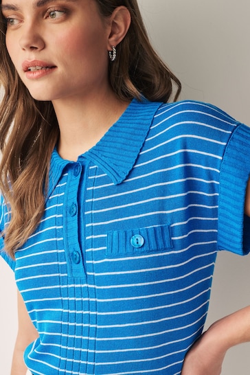 Blue Stripe Linen Short Sleeve Polo Neck Top