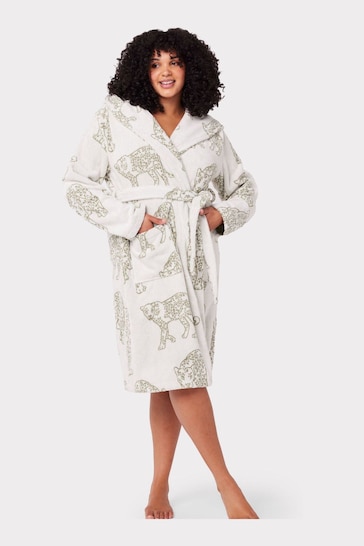 Chelsea Peers Cream Curve Towelling Cream Leopard Print Hooded Dressing Gown