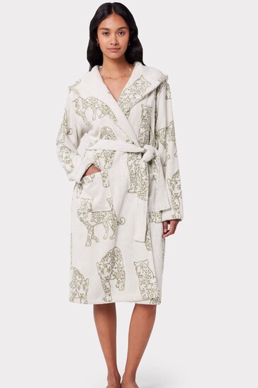 Chelsea Peers Cream Towelling Cream Leopard Print Hooded Dressing Gown