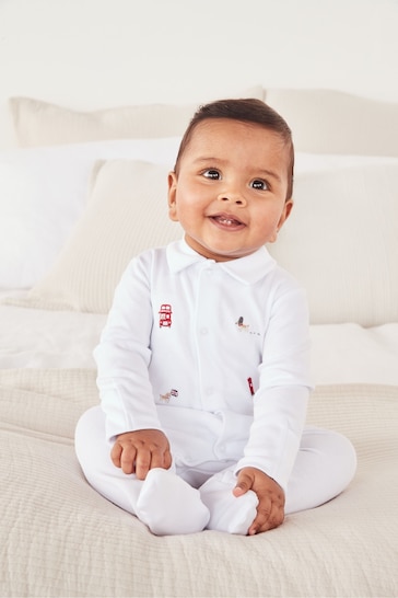 The White Company Organic Cotton London Embroidered White Sleepsuit