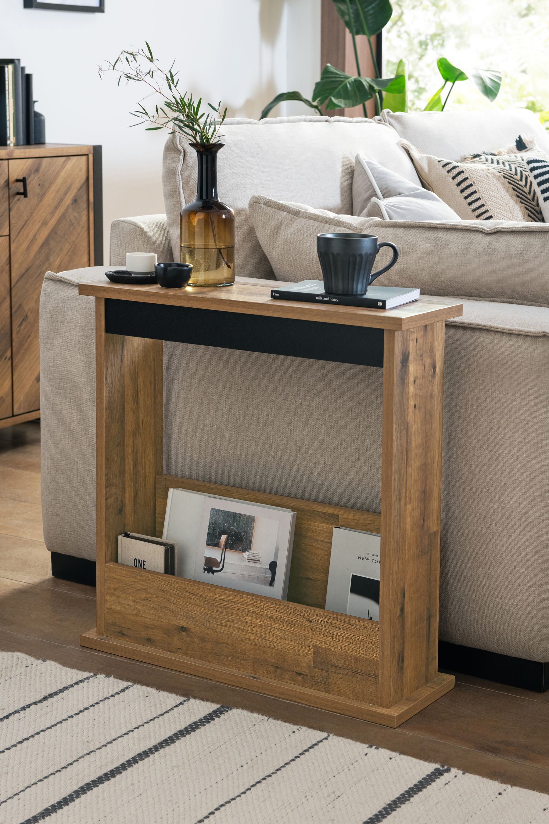 Oak effect shop side table