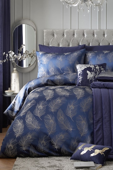 Laurence Llewelyn-Bowen Navy Blue Dandy Metallic Feather Jacquard Duvet Cover and Pillowcase Set