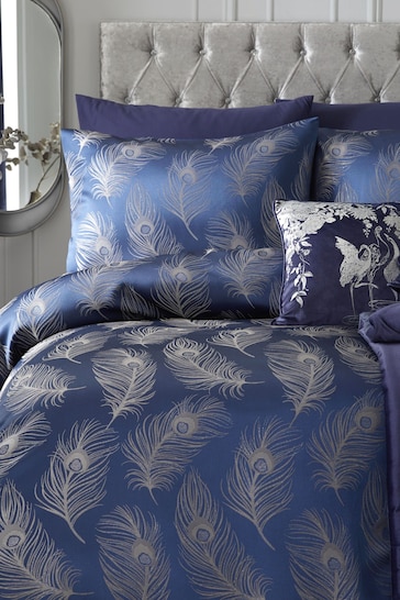 Laurence Llewelyn-Bowen Navy Blue Dandy Metallic Feather Jacquard Duvet Cover and Pillowcase Set