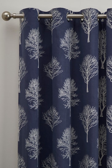 Fusion Blue Woodland Trees Eyelet Curtains