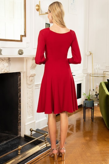 Hot Squash Red Blouson Sleeved Scuba Fit-N-Flare Dress