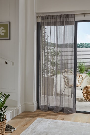 Grey Linen Look Voile Slot Top Sheer Panel Curtain